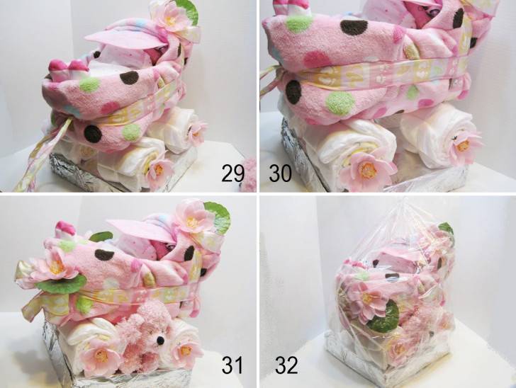 Подарки из памперсов (111 фото): как пошагово сделать торт, корзину и букет из подгузников своими руками